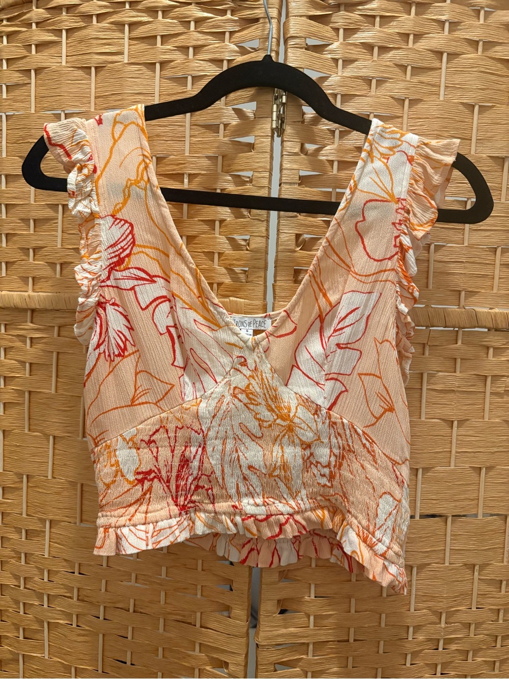 Vtg Y2K Floral Ruffle Crop Top - Peach/Orange size S
